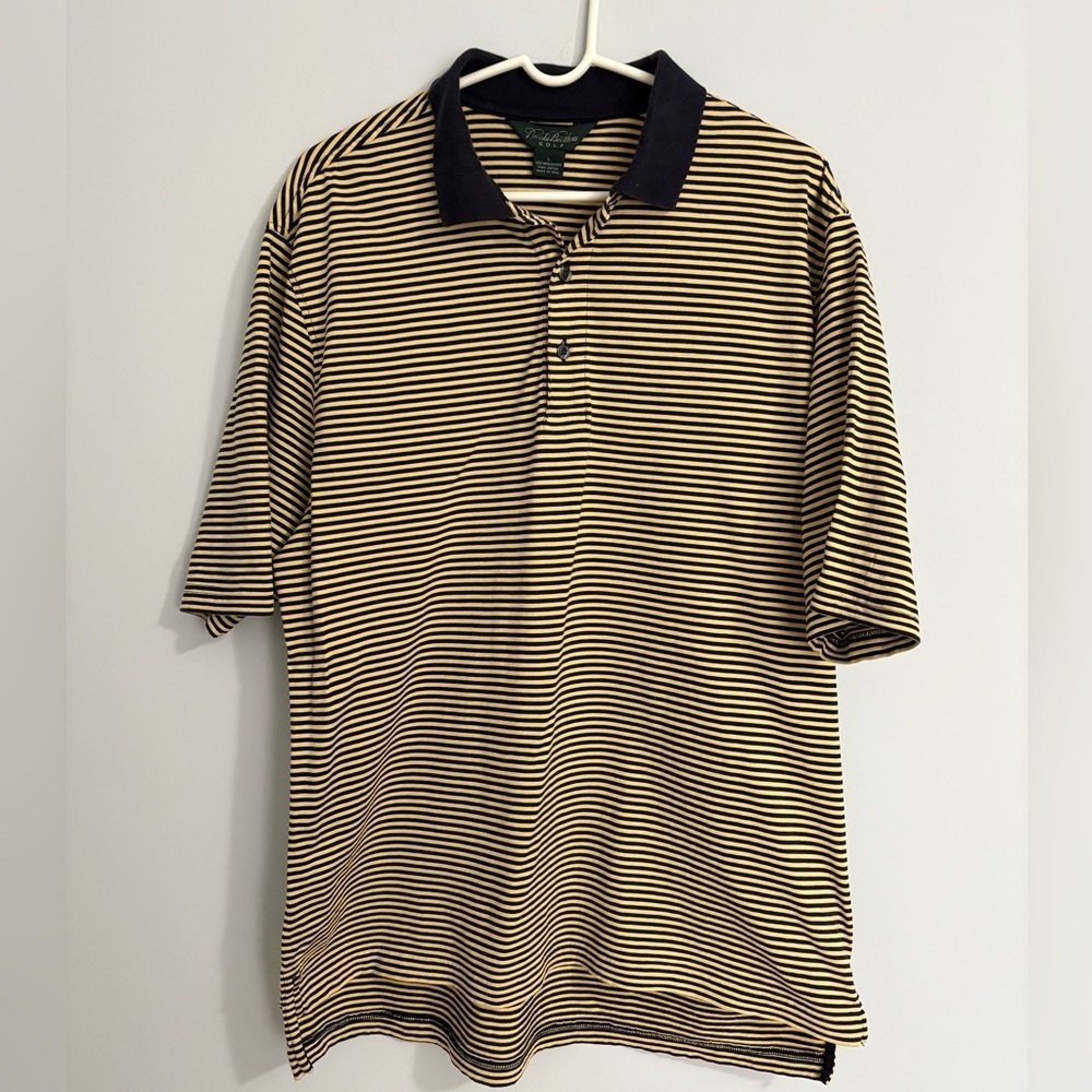 Brooks Brothers Men Golf Polo Shirt L Mercerized Pima Cotton Stripped Navy Gold